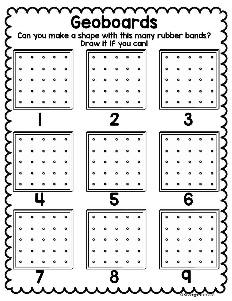 Geoboard shapes by band count: students try to make a shape with 1 to 9 rubber bands and draw each one