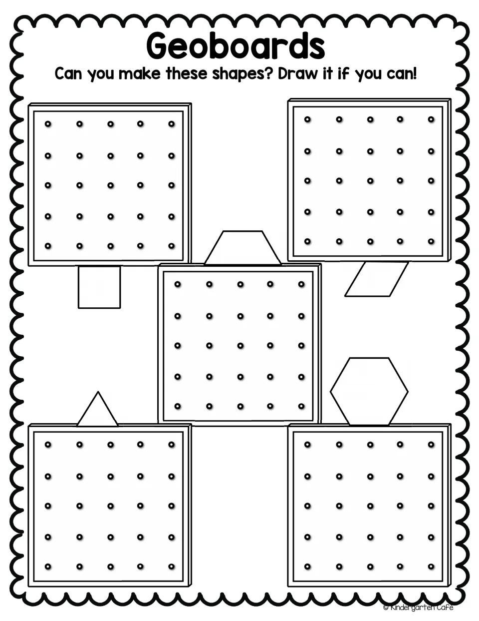 Copying shapes on geoboards: students build a square, trapezoid, rhombus, triangle and hexagon and draw each