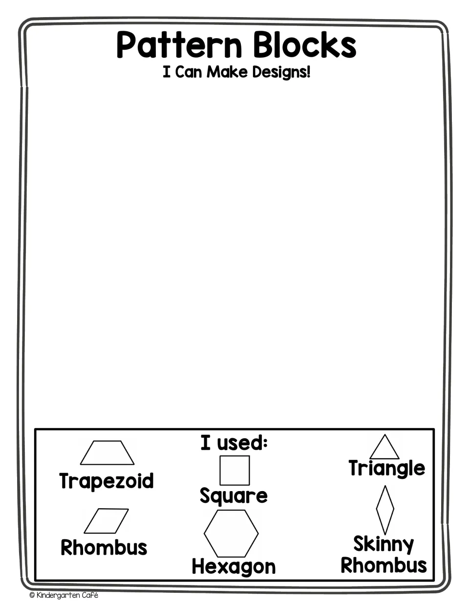 I Can Make Designs, no count lines: students build a free design and show which of six pattern block shapes they used