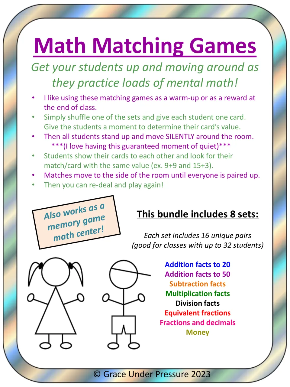Math Matching Games directions: shuffle a set, deal one card each, students match equal values; lists 8 sets incl. money