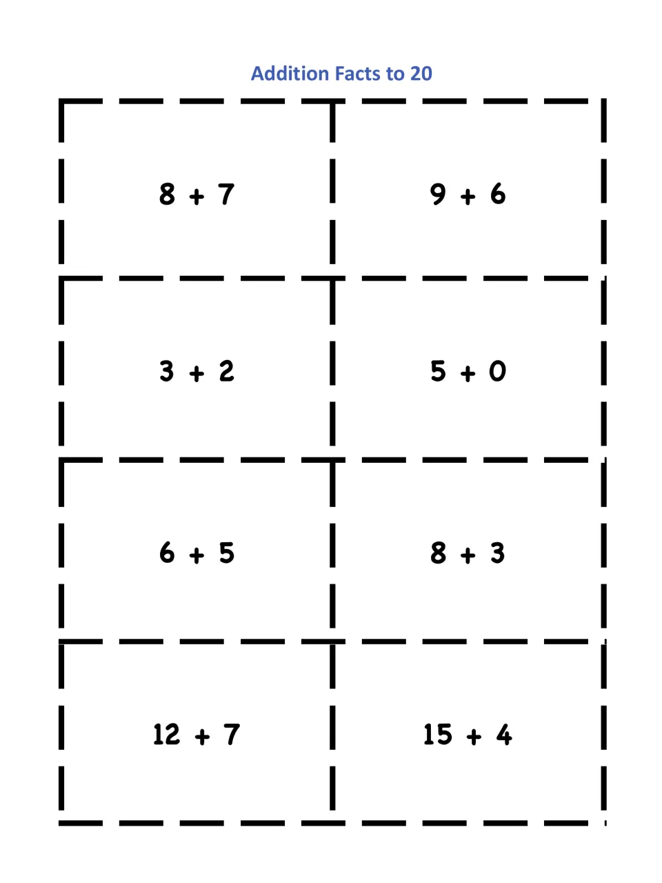 Addition facts to 20 matching cards: equal sums pair up, like 8 + 7 and 9 + 6, 3 + 2 and 5 + 0, and 12 + 7 and 15 + 4