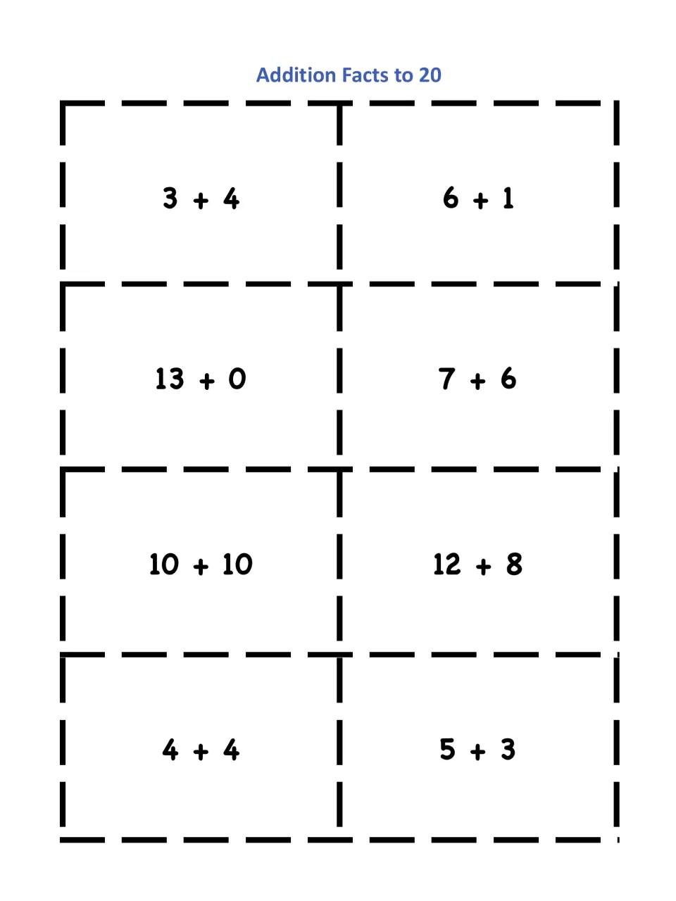Addition to 20 cards for matching equal sums: 3 + 4 with 6 + 1, 13 + 0 with 7 + 6, 10 + 10 with 12 + 8, 4 + 4 with 5 + 3
