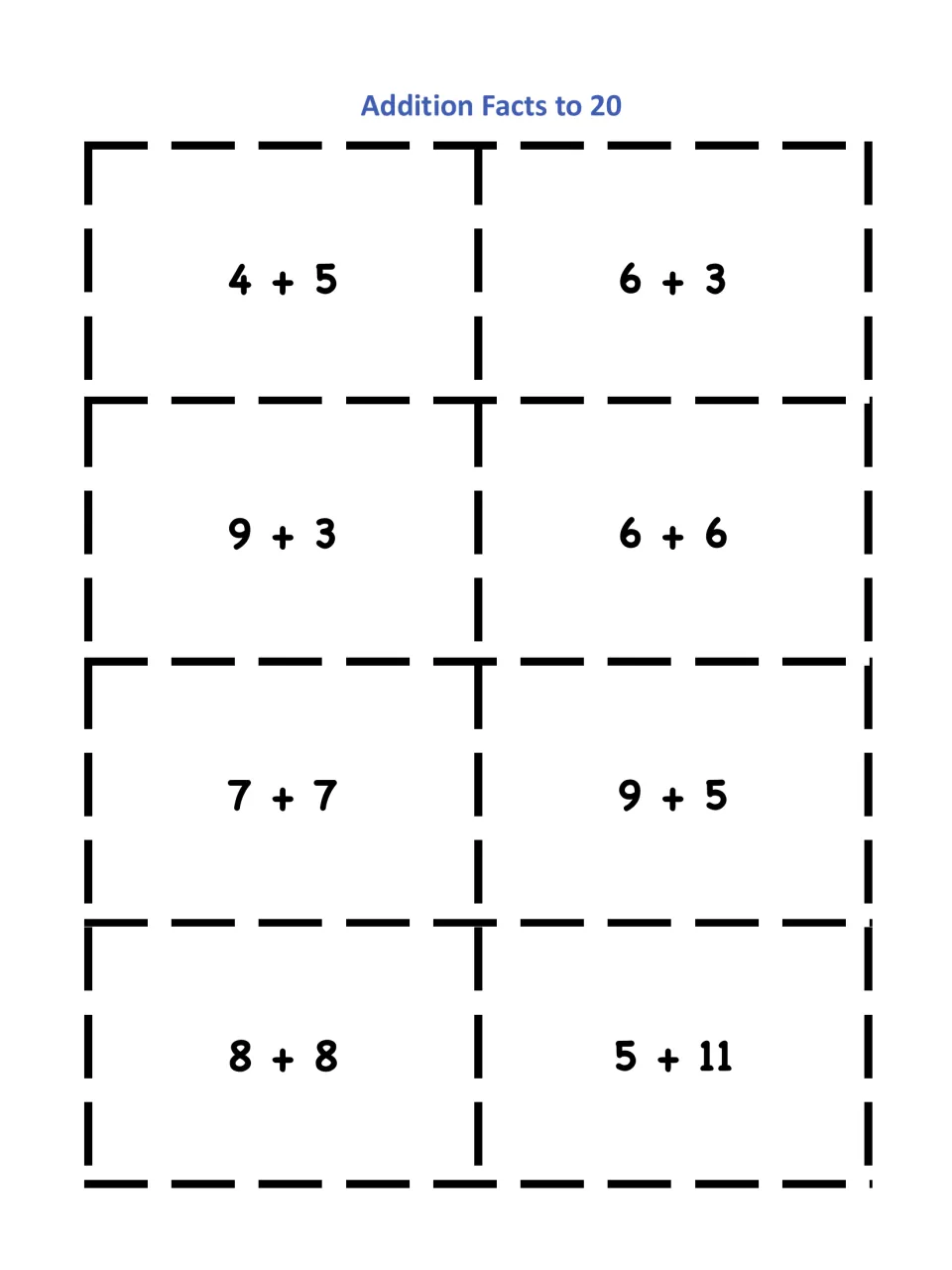 Addition to 20 doubles cards: students pair 4 + 5 with 6 + 3, 9 + 3 with 6 + 6, 7 + 7 with 9 + 5, 8 + 8 with 5 + 11