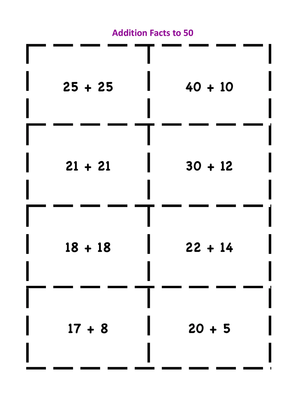 Addition facts to 50 cards; students match equal sums: 25 + 25 with 40 + 10, 21 + 21 with 30 + 12, 17 + 8 with 20 + 5