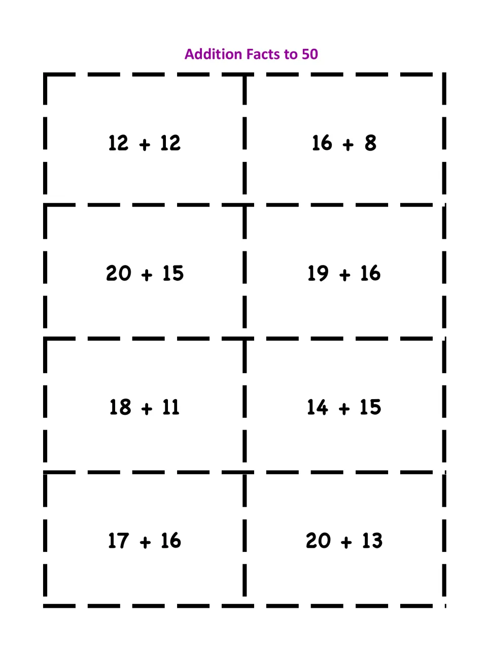 Addition to 50 cards with two-digit addends: 12 + 12 and 16 + 8, 20 + 15 and 19 + 16, 18 + 11 and 14 + 15 share sums