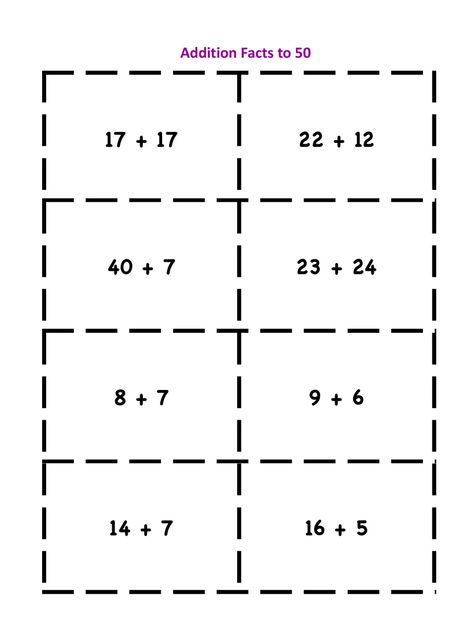 Addition to 50 cards; students find equal totals: 17 + 17 and 22 + 12, 40 + 7 and 23 + 24, 14 + 7 and 16 + 5