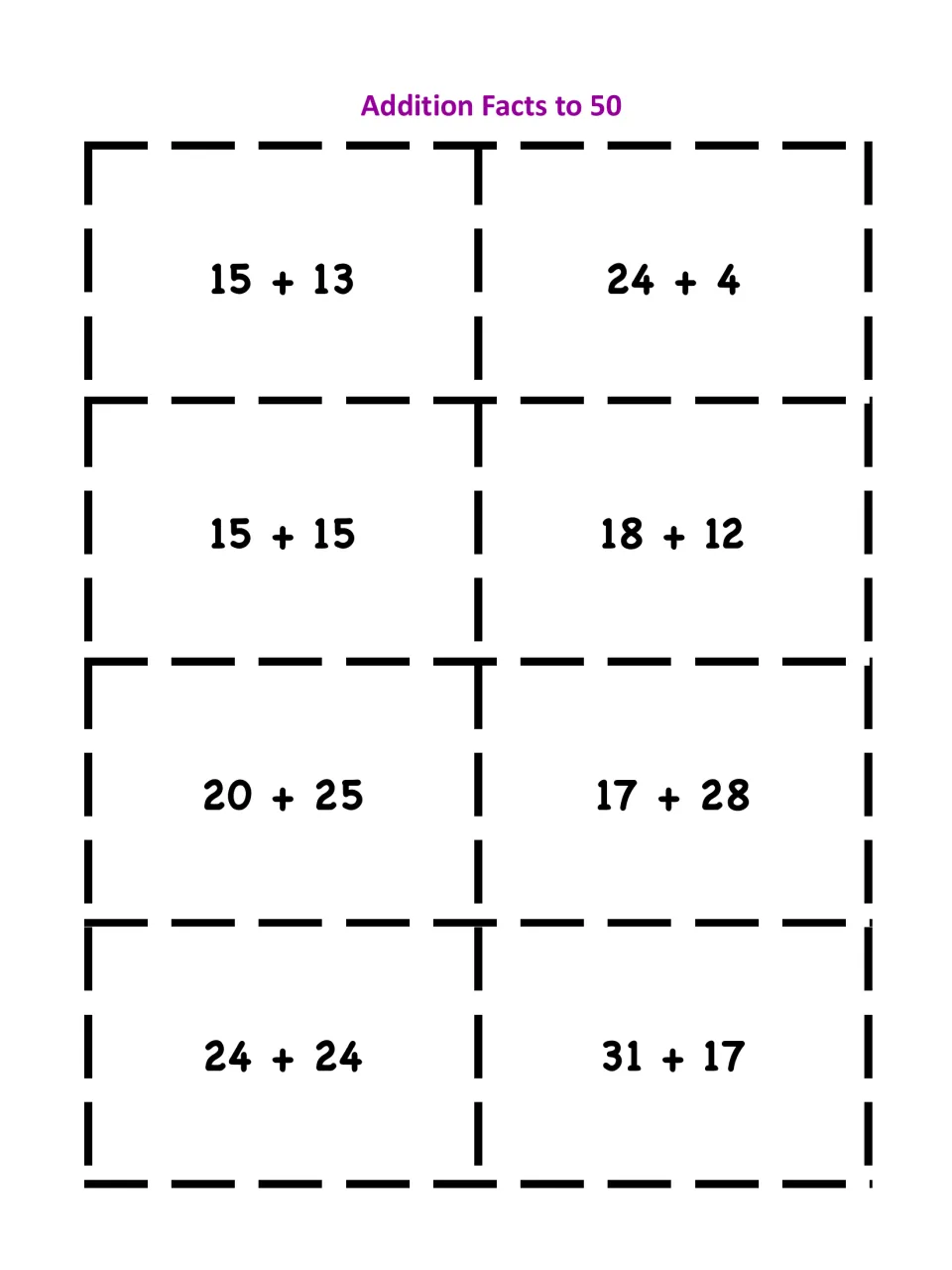 Addition to 50 fact cards for pairing equal sums: 15 + 13 with 24 + 4, 20 + 25 with 17 + 28, 24 + 24 with 31 + 17