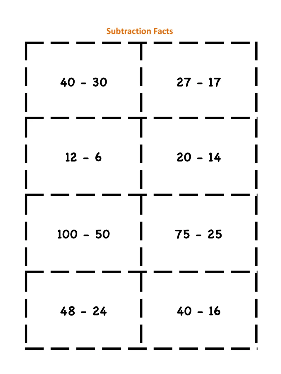 Subtraction cards; students match equal differences: 40 - 30 with 27 - 17, 12 - 6 with 20 - 14, 100 - 50 with 75 - 25