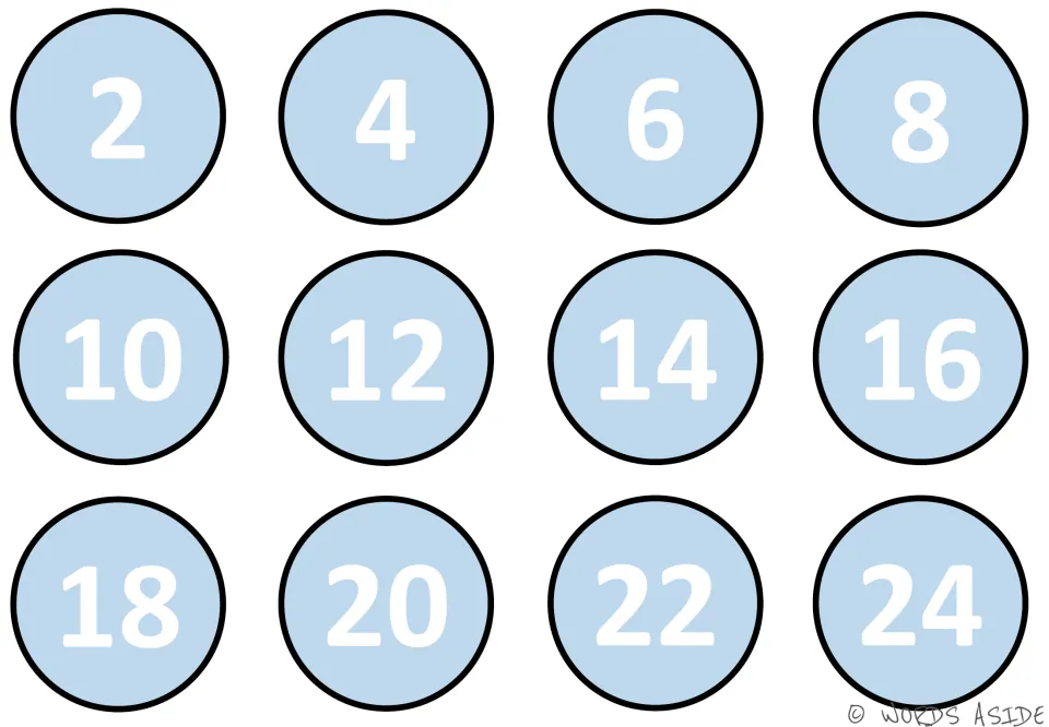 Skip counting by 2s mat: light blue number circles show 2 to 24 in order for students to count along by twos