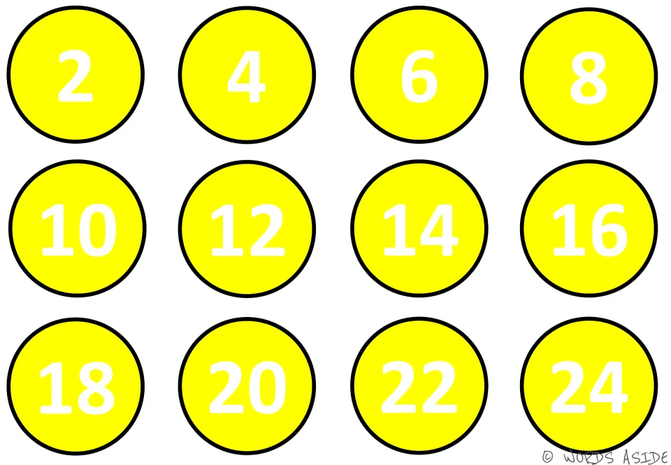 Counting by twos from 2 to 24: yellow circles hold each even number so students can point and skip count aloud