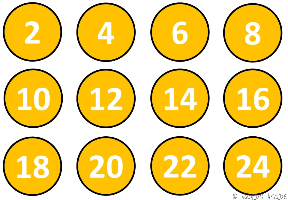 Orange counting-by-2s mat listing every even number from 2 through 24 so students can follow the skip-counting pattern