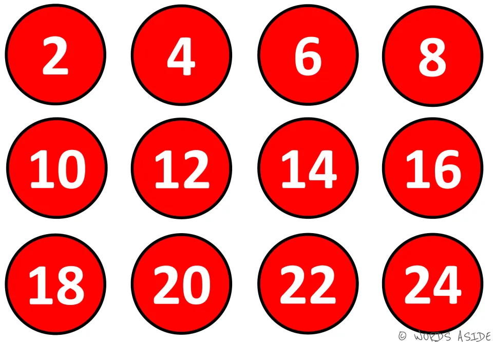 Red skip-counting mat: numbers 2, 4, 6, 8 through 24 for students to count forward by twos and spot the even pattern