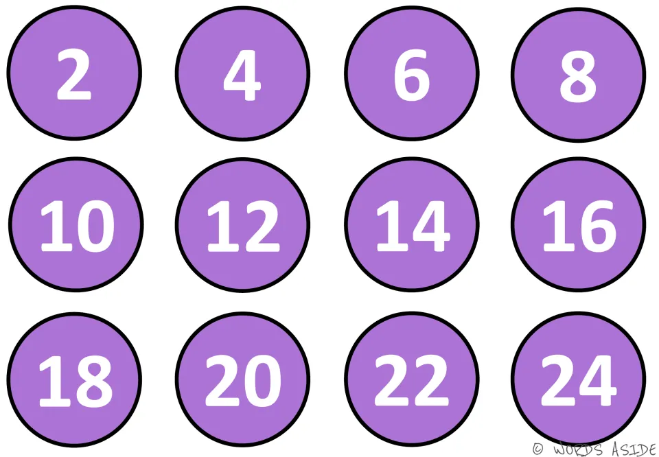 Purple version of the twos counting mat: 2 to 24 in order, letting students skip count and check the next even number