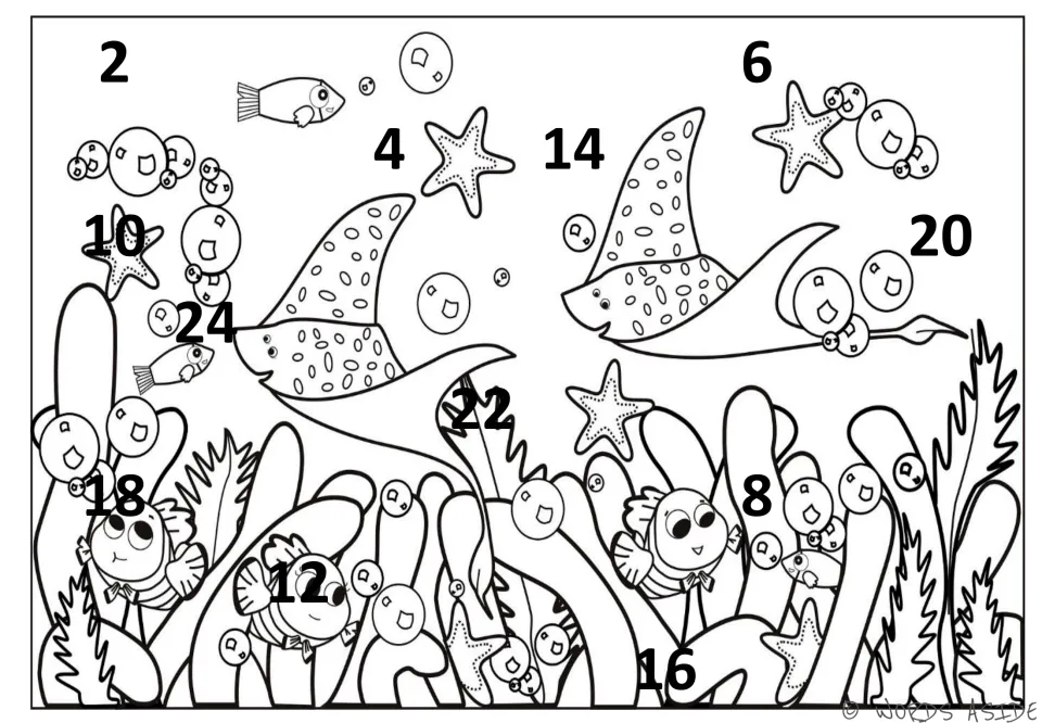 Skip-counting mat 1: black numbers 2–24 by 2s scattered across an underwater scene with rays and fish