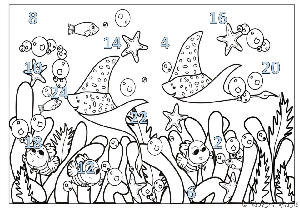 Skip-counting mat 2: light blue numbers 2–24 by 2s scattered across an underwater scene with rays and fish