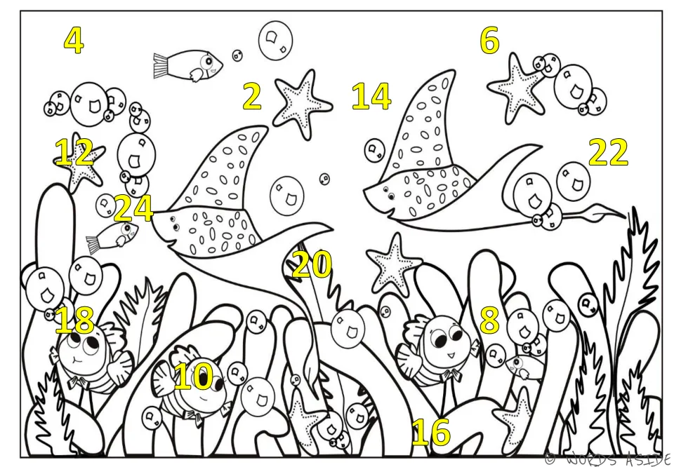 Skip-counting mat 3: yellow numbers 2–24 by 2s scattered across an underwater scene with rays and fish