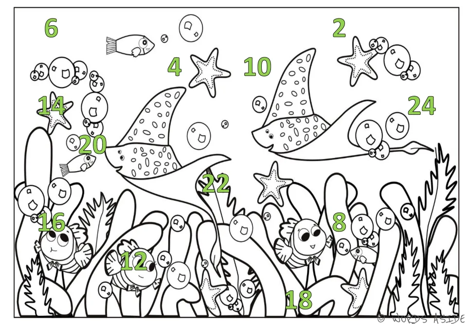 Skip-counting mat 4: green numbers 2–24 by 2s scattered across an underwater scene with rays and fish