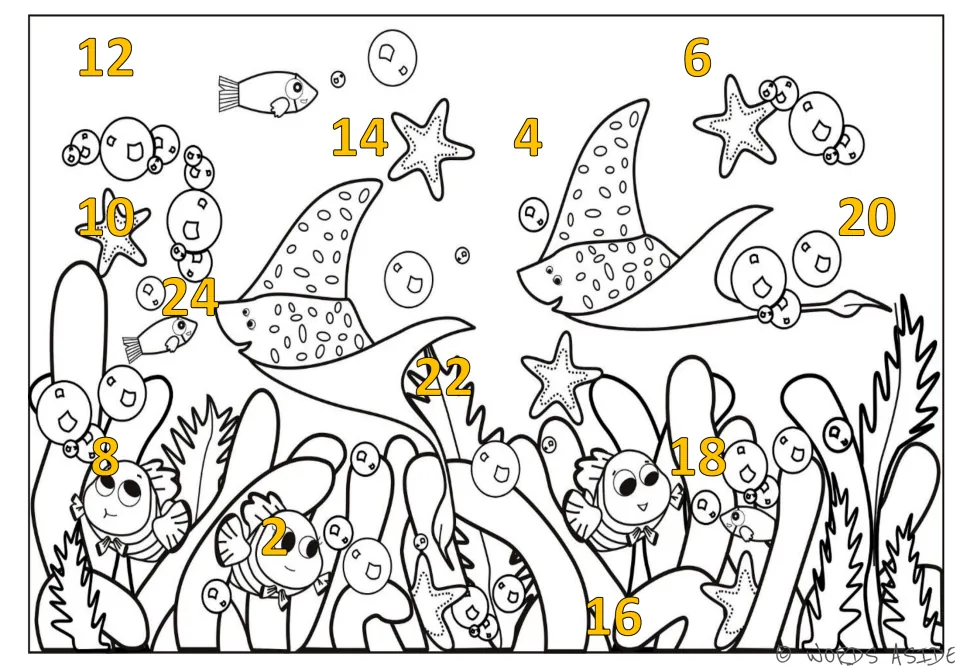 Skip-counting mat 5: orange numbers 2–24 by 2s scattered across an underwater scene with rays and fish