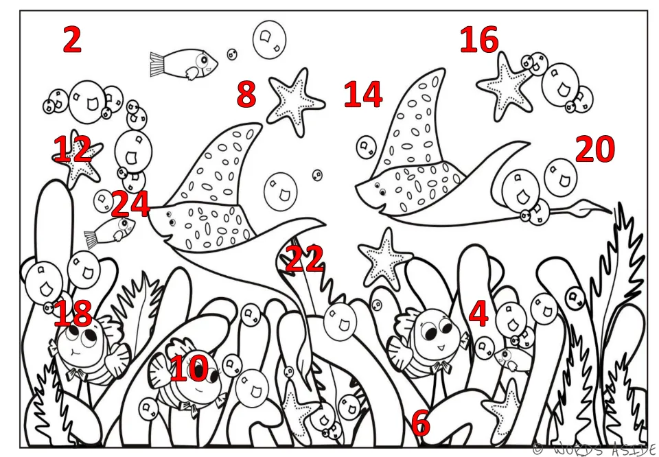 Skip-counting mat 6: red numbers 2–24 by 2s scattered across an underwater scene with rays and fish
