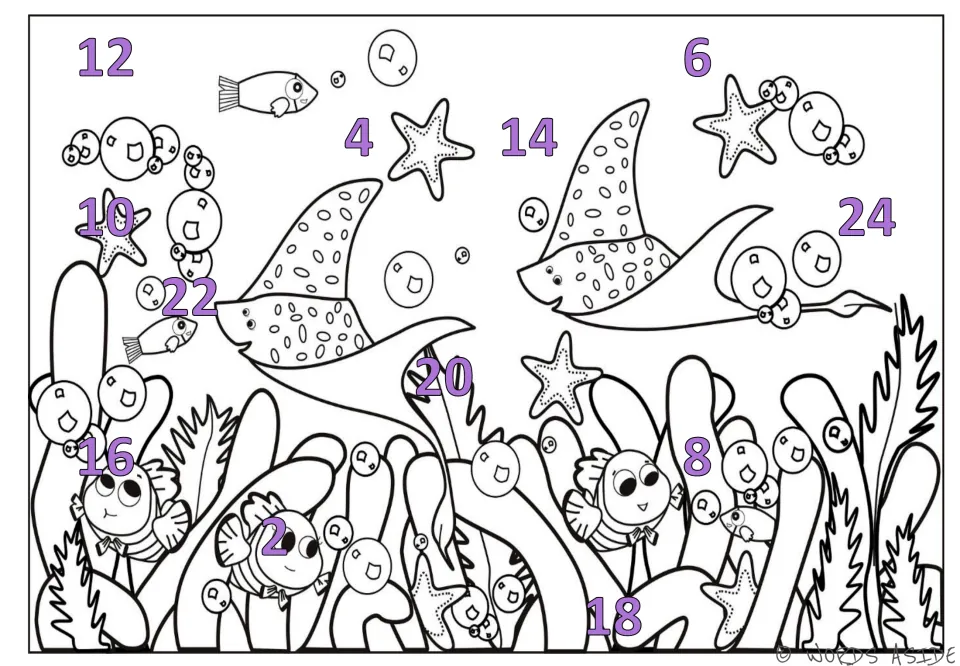 Skip-counting mat 7: purple numbers 2–24 by 2s scattered across an underwater scene with rays and fish