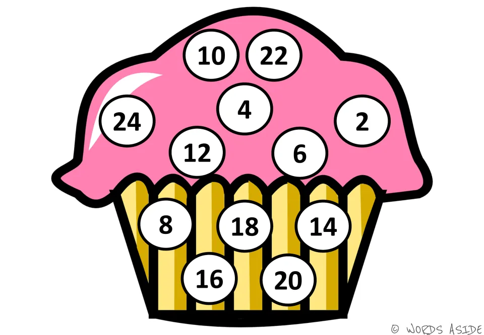 Counting by 2s cupcake mat: white circles hold the even numbers 2 to 24 in mixed order for students to find in sequence