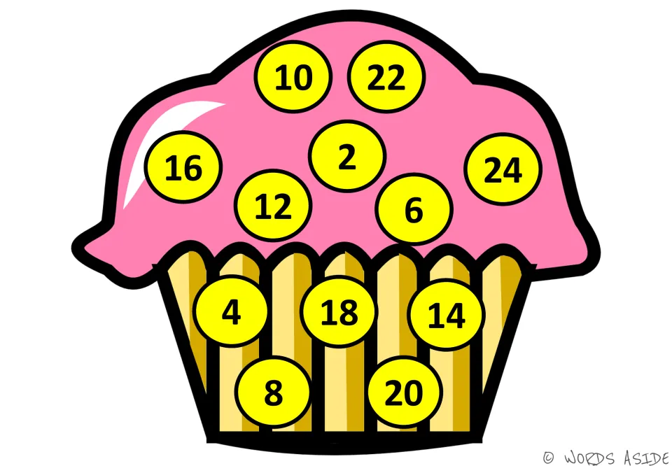 Even numbers 2 to 24 on yellow cupcake sprinkles, out of order; students skip count by 2s, starting at 2 in the center