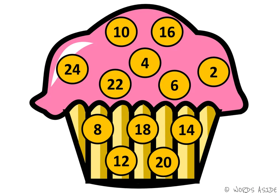 Counting by 2s with orange-gold circles on a cupcake: even numbers to 24 are mixed up, with 2 at the right of the icing