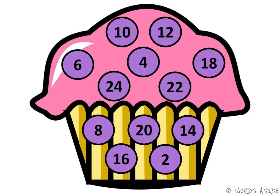 Purple circles on a cupcake hold 2 to 24 in random spots; students count on by 2s, with 2 at the bottom of the liner