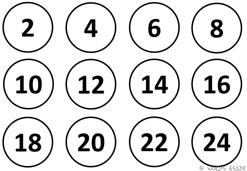 Skip counting by 2s mat: twelve white circles numbered 2, 4, 6 up to 24 in order, in black and white with no color fill