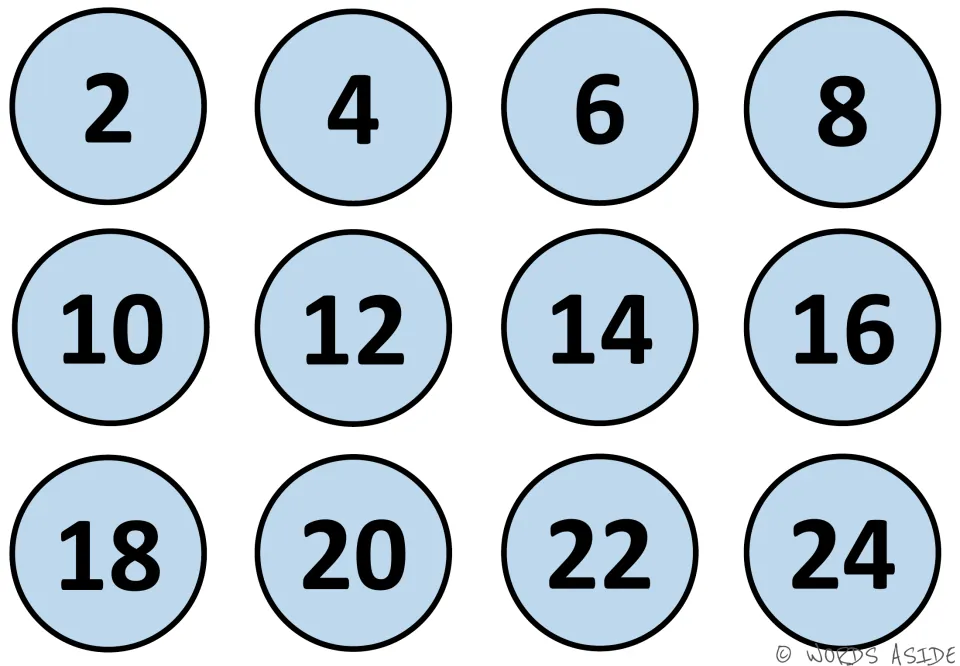 Counting by twos mat in light blue: twelve circles show the even numbers 2 through 24 in sequence for skip counting