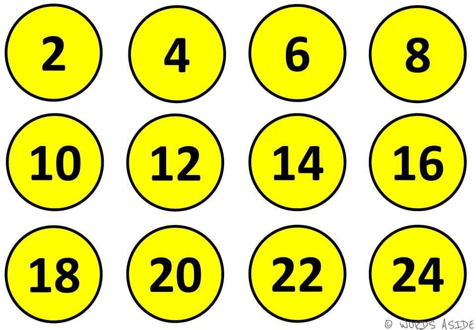 Yellow skip-counting mat: even numbers from 2 to 24 in bold inside twelve yellow circles, counting up by two each time