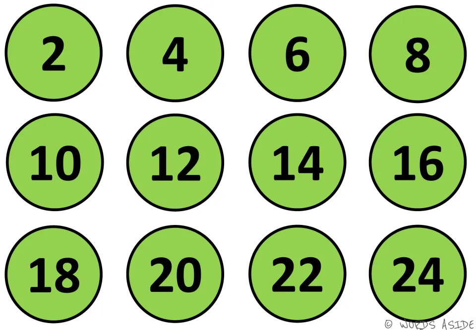 Green counting-by-2s mat: twelve circles numbered 2, 4, 6, 8 through 24, a sequence of even numbers for counting by twos