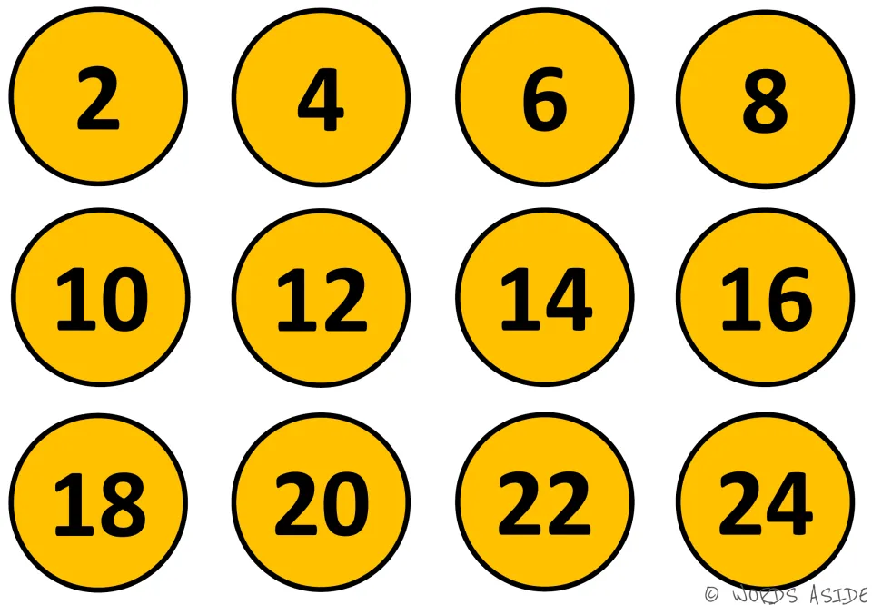 Orange skip-by-two number mat: the even numbers 2 to 24 appear in order across twelve orange circles