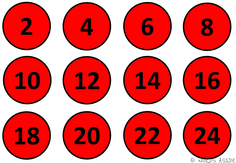 Red number mat for counting by 2s: bold even numbers 2 through 24 in twelve red circles, read in order from top left