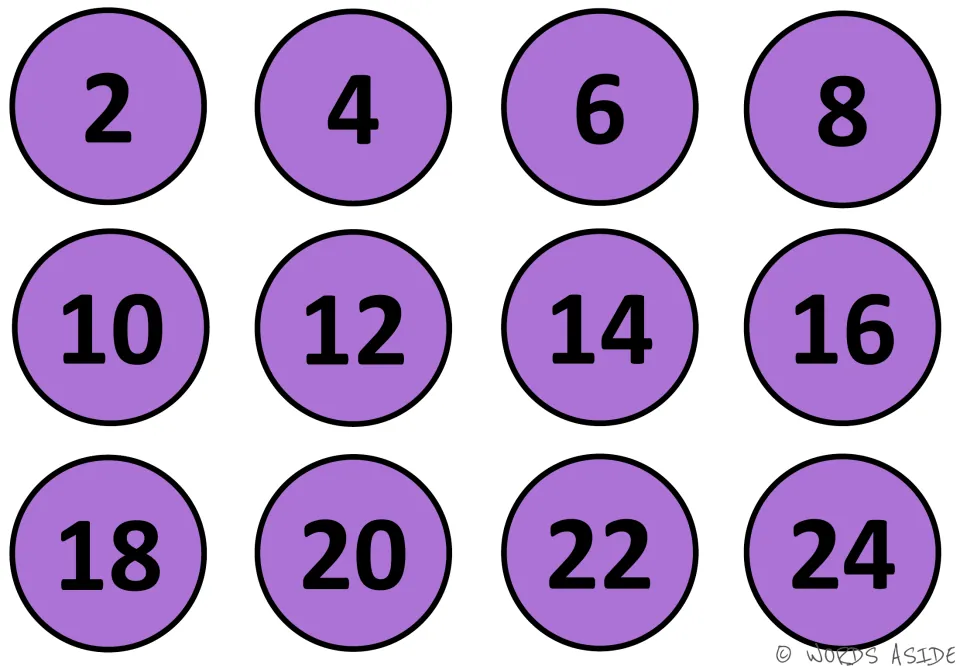 Purple even-number mat: twelve purple circles count up by two from 2 to 24 in bold black digits