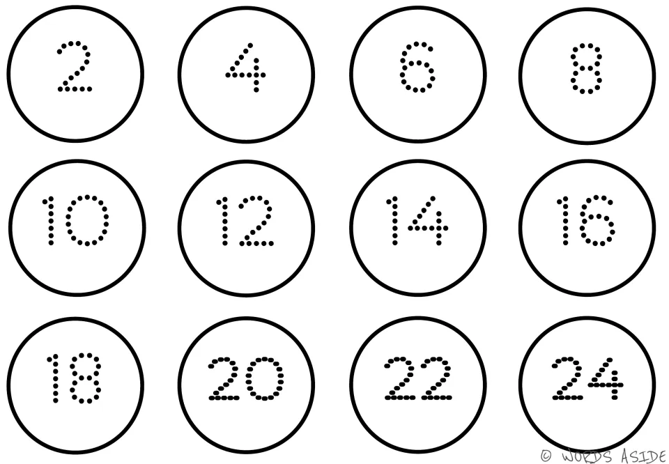 Counting-by-2s mat 1 of 7 in black and white, with dotted numbers 2, 4, 6, 8, 10, 12, 14, 16, 18, 20, 22, 24