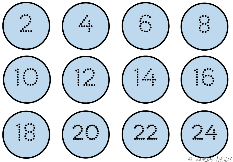 Counting-by-2s mat 2 of 7 in light blue, with dotted numbers 2, 4, 6, 8, 10, 12, 14, 16, 18, 20, 22, 24