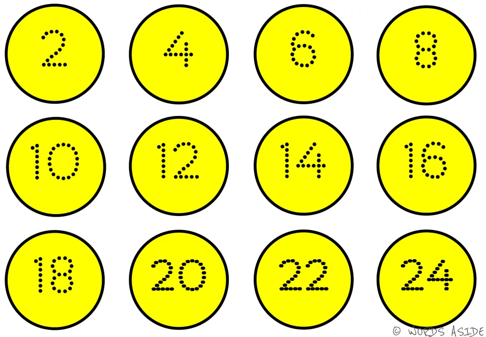 Counting-by-2s mat 3 of 7 in yellow, with dotted numbers 2, 4, 6, 8, 10, 12, 14, 16, 18, 20, 22, 24