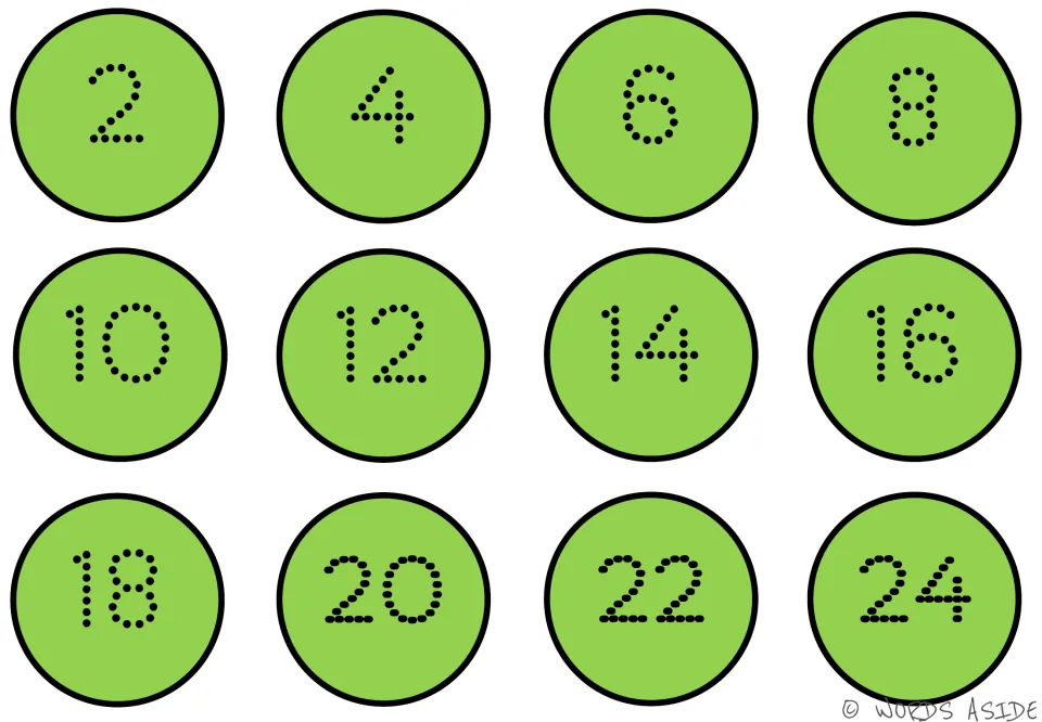 Counting-by-2s mat 4 of 7 in green, with dotted numbers 2, 4, 6, 8, 10, 12, 14, 16, 18, 20, 22, 24