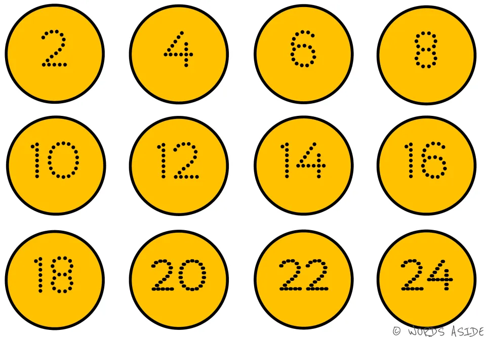 Counting-by-2s mat 5 of 7 in orange, with dotted numbers 2, 4, 6, 8, 10, 12, 14, 16, 18, 20, 22, 24