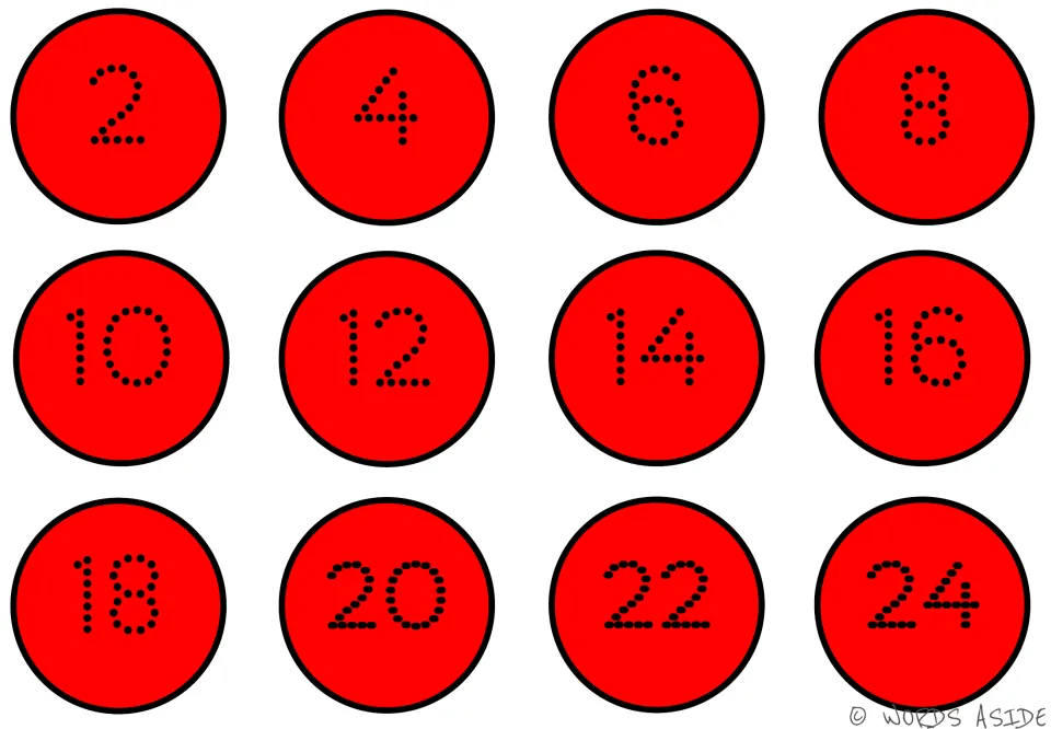 Counting-by-2s mat 6 of 7 in red, with dotted numbers 2, 4, 6, 8, 10, 12, 14, 16, 18, 20, 22, 24