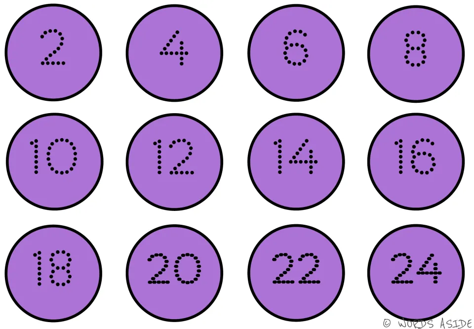 Counting-by-2s mat 7 of 7 in purple, with dotted numbers 2, 4, 6, 8, 10, 12, 14, 16, 18, 20, 22, 24