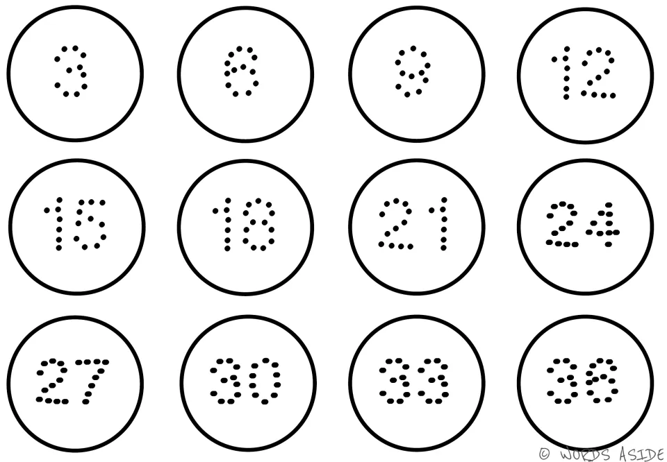 White counting-by-3s mat showing dotted numbers 3, 6, 9, 12, 15, 18, 21, 24, 27, 30, 33, and 36.