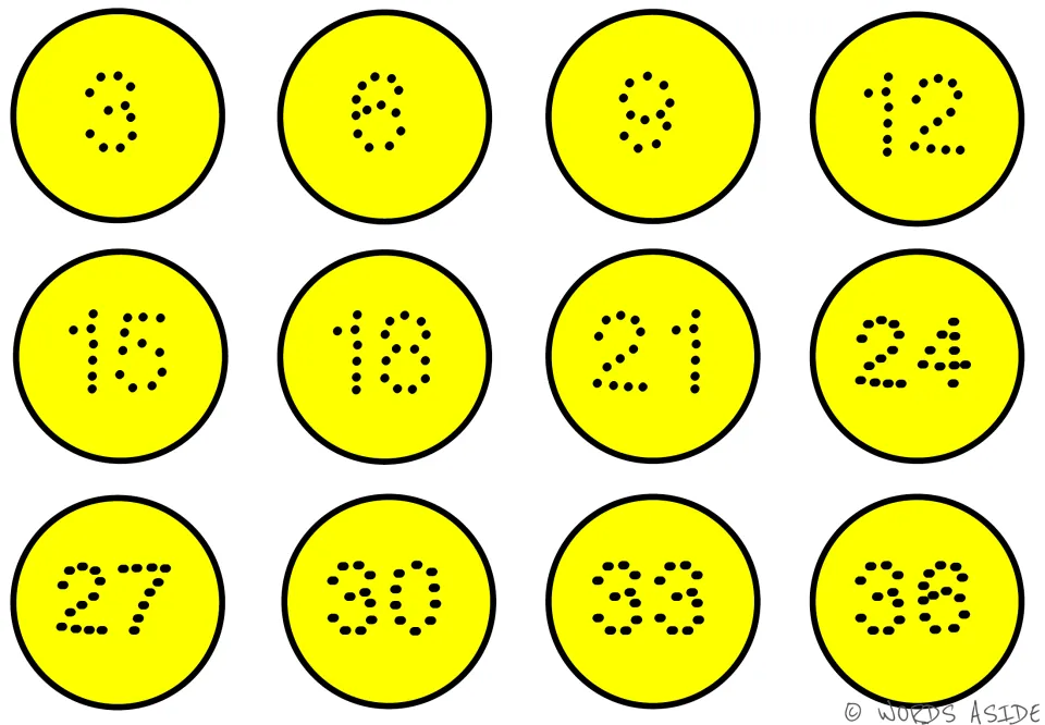 Yellow counting-by-3s mat showing dotted numbers 3, 6, 9, 12, 15, 18, 21, 24, 27, 30, 33, and 36.