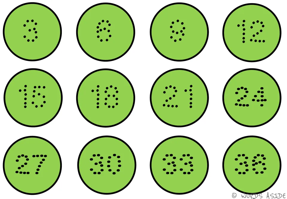 Green counting-by-3s mat showing dotted numbers 3, 6, 9, 12, 15, 18, 21, 24, 27, 30, 33, and 36.