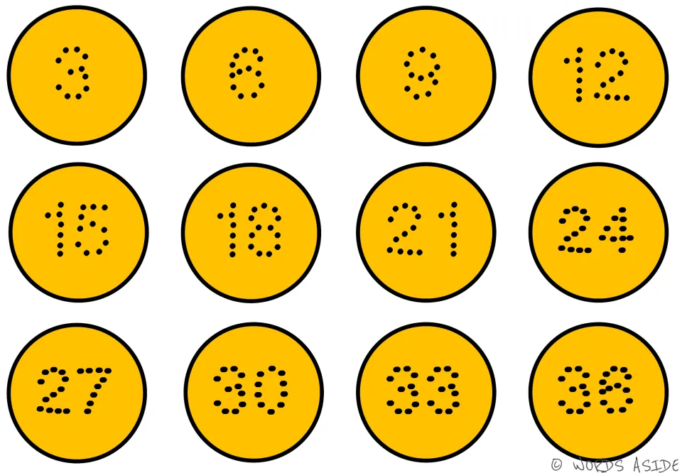 Orange counting-by-3s mat showing dotted numbers 3, 6, 9, 12, 15, 18, 21, 24, 27, 30, 33, and 36.