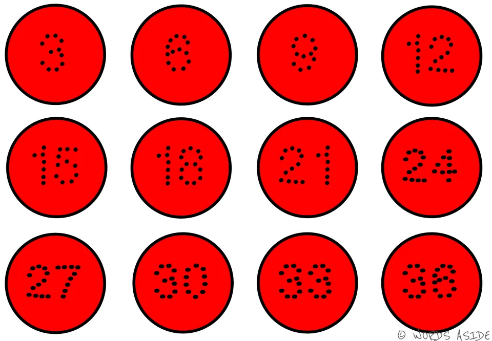 Red counting-by-3s mat showing dotted numbers 3, 6, 9, 12, 15, 18, 21, 24, 27, 30, 33, and 36.