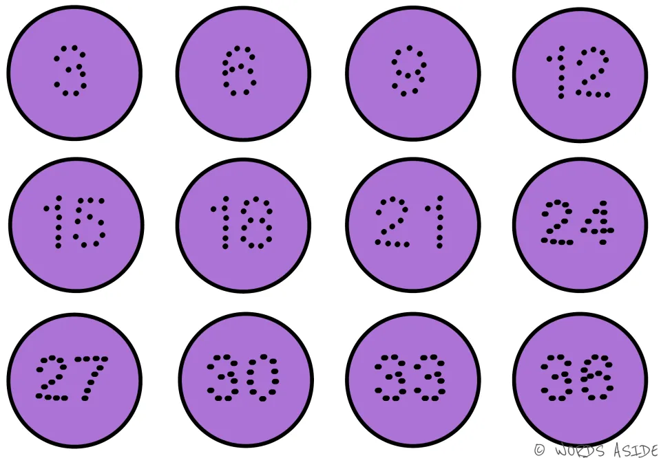 Purple counting-by-3s mat showing dotted numbers 3, 6, 9, 12, 15, 18, 21, 24, 27, 30, 33, and 36.