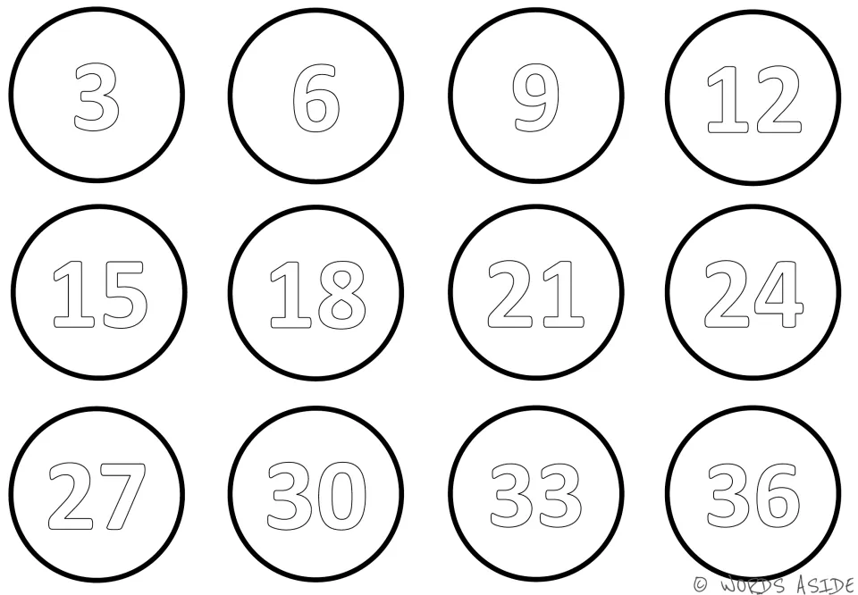 White skip-counting mat with 12 traceable numbers: 3, 6, 9, 12, 15, 18, 21, 24, 27, 30, 33, 36.
