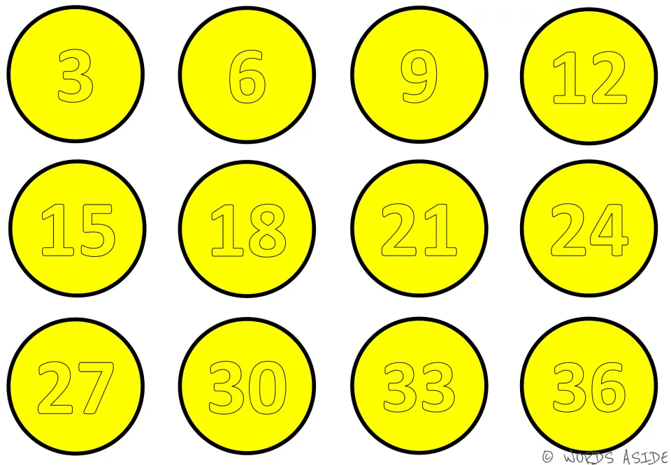 Yellow skip-counting mat with 12 traceable numbers: 3, 6, 9, 12, 15, 18, 21, 24, 27, 30, 33, 36.